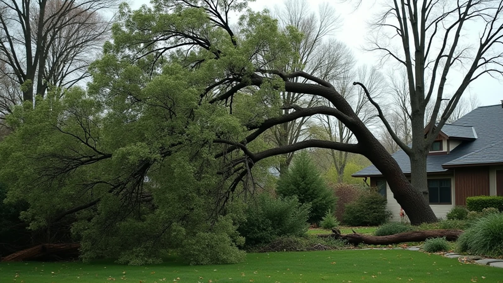 Storm-fallen tree across a lawn in San Antonio